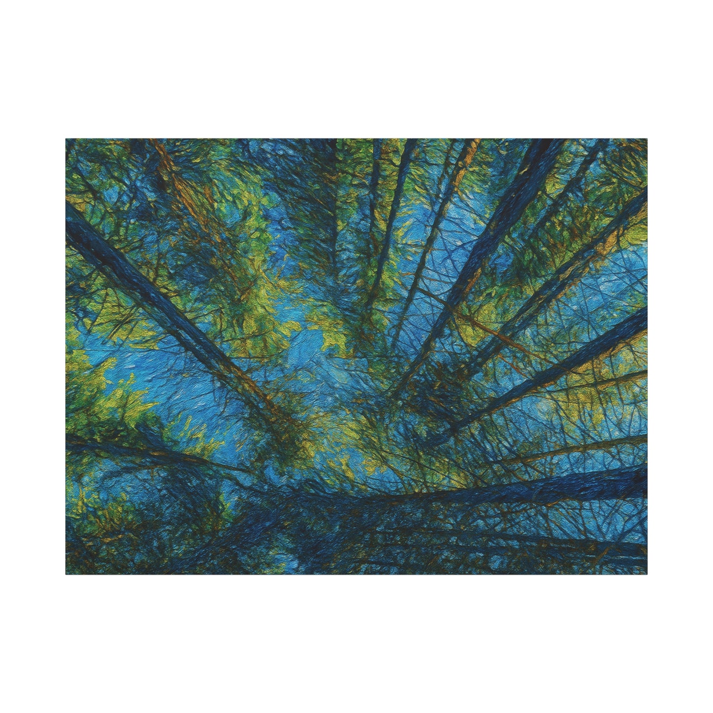 Forest Canopy Matte Canvas Wall Art — Upward View of Trees, Blue & Green Nature Print