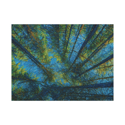 Forest Canopy Matte Canvas Wall Art — Upward View of Trees, Blue & Green Nature Print
