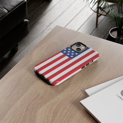 American flag tough phone case for iPhone and Samsung, patriotic protective cover with bold flag design.