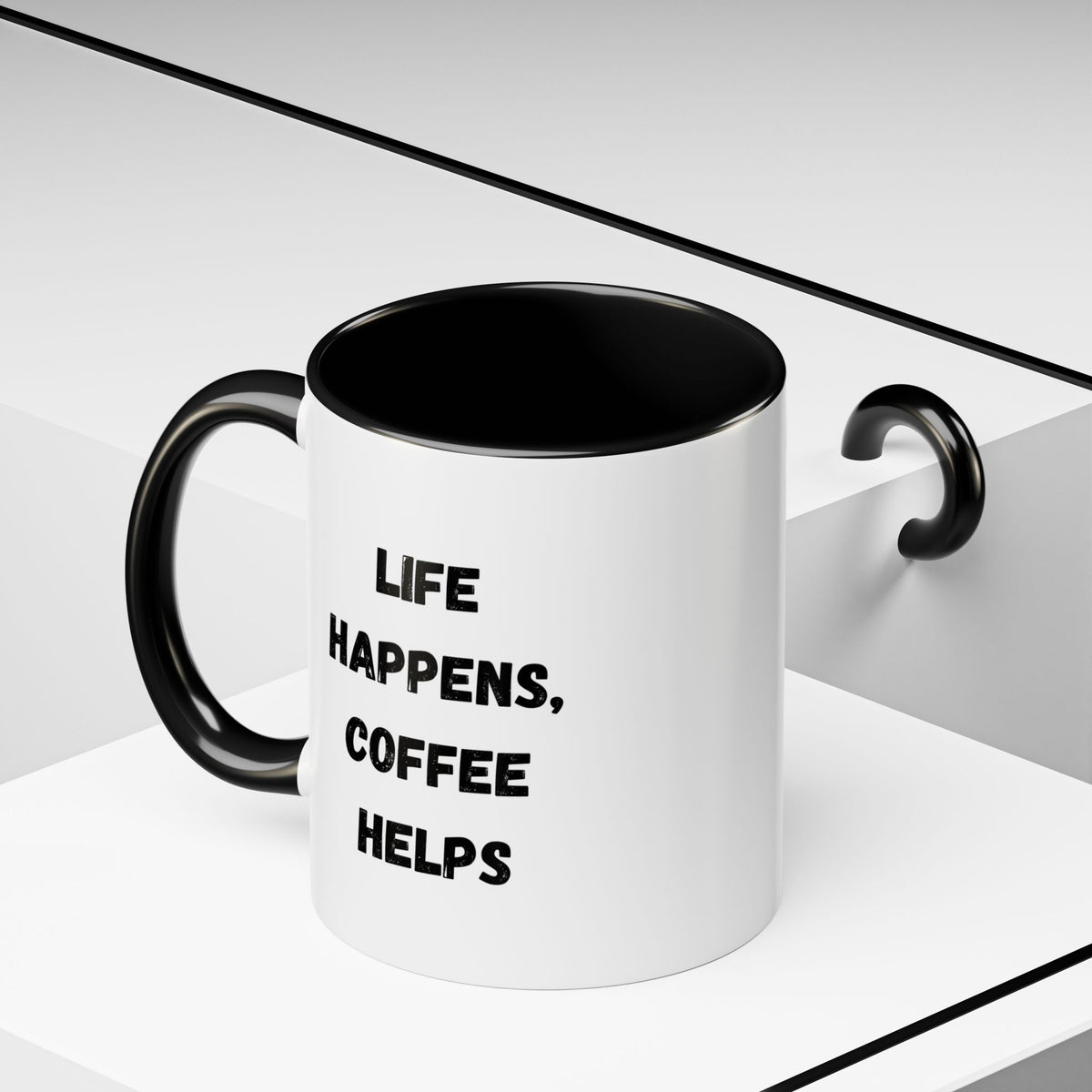 Black ceramic mug with "Life Happens Coffee Helps" text, 11oz or 15oz capacity, with black handle and rim, by Printify.