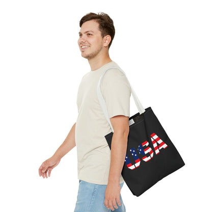 USA flag tote bag by Printify, reusable summer carryall with patriotic stars and stripes for 4th of July celebrations.