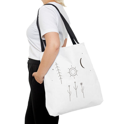 Celestial line art tote bag featuring minimal moon and sun botanical design, printed by Printify.