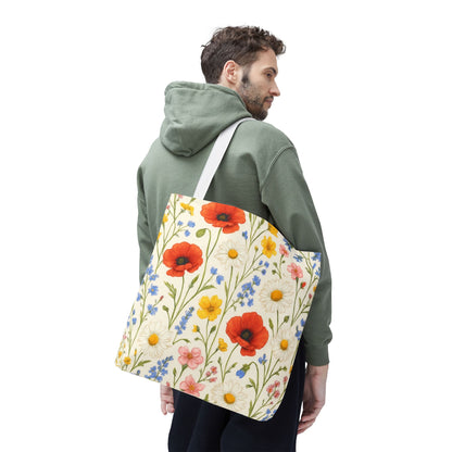 Wildflower Poppy print tote bag by Printify featuring a floral all-over pattern on durable fabric.