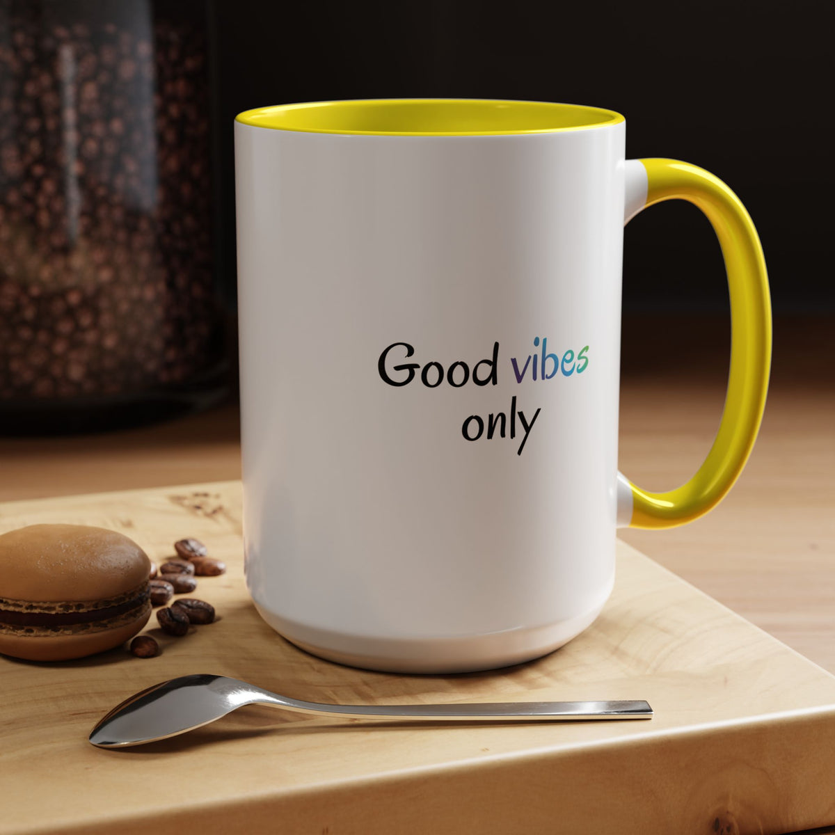 Printify Good Vibes Only accent coffee mug with positive morning inspirational quote and a cheerful design.