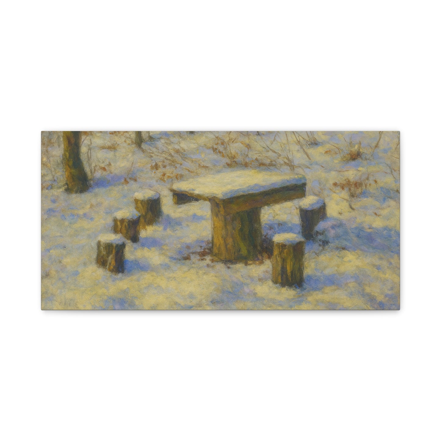 Snowy forest winter landscape canvas wall art by Printify, matte stretched print showing snow-covered trees and winter scenery.