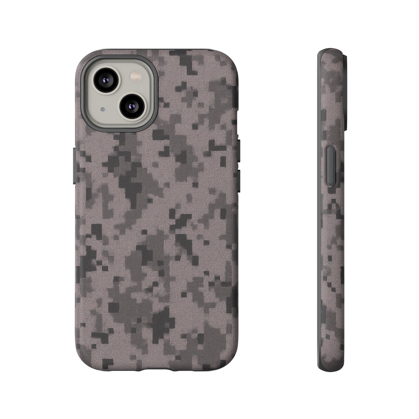 Gray digital camouflage phone case by Printify, tough protective cover designed for smartphone protection.