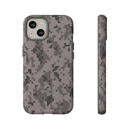 Gray digital camouflage phone case by Printify, tough protective cover designed for smartphone protection.