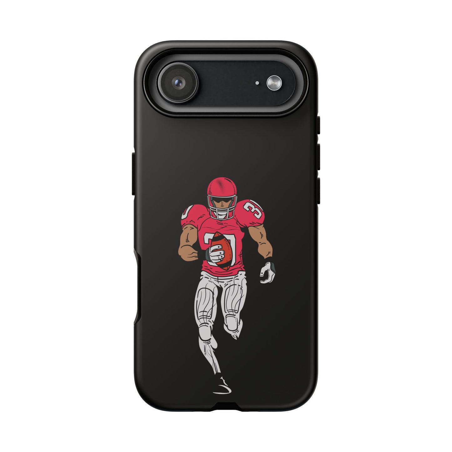 Black football player tough phone case for iPhone, protective sports-designed case by Printify, featuring athlete graphic and durable material.
