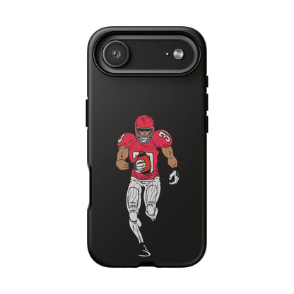 Black football player tough phone case for iPhone, protective sports-designed case by Printify, featuring athlete graphic and durable material.