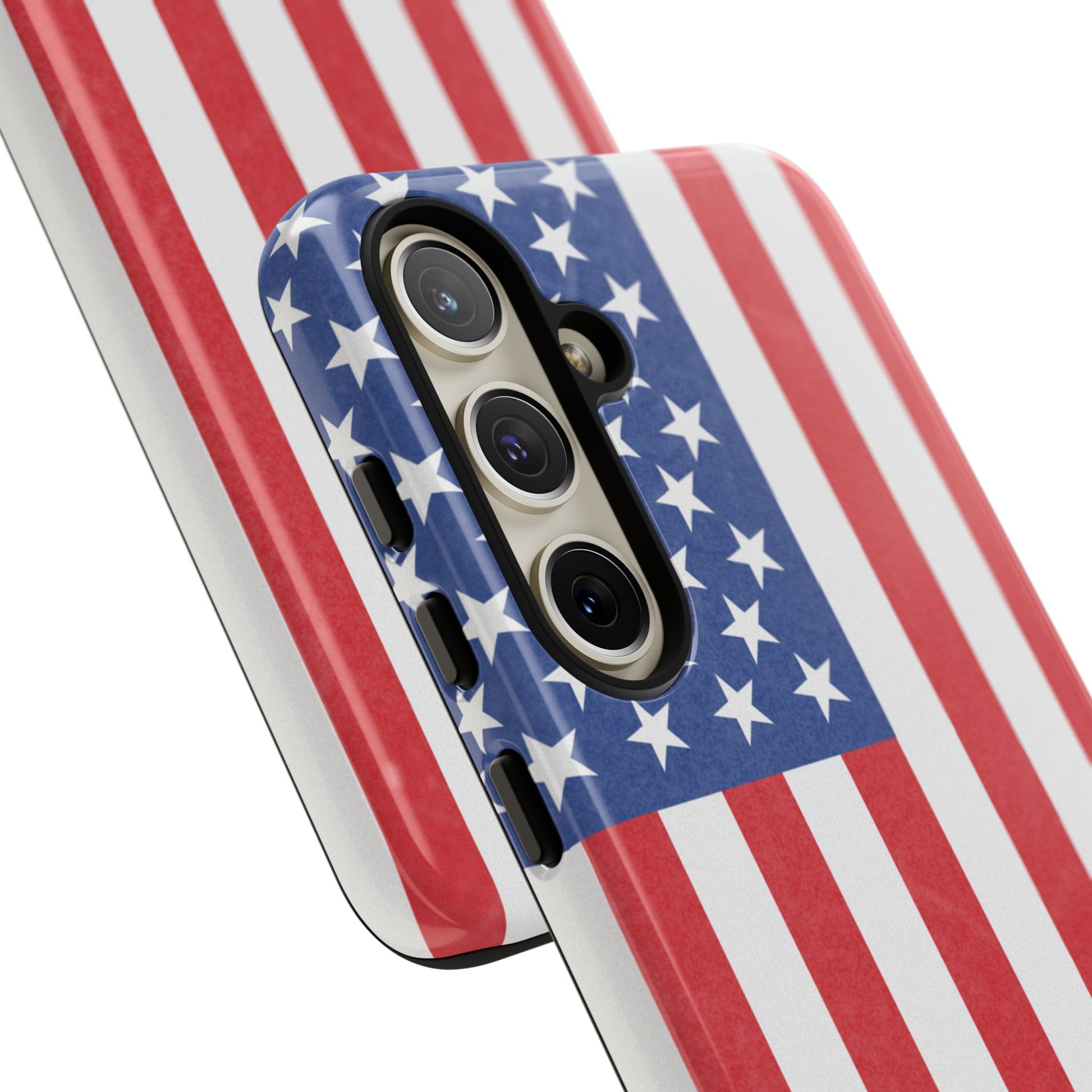American flag tough phone case for iPhone and Samsung, patriotic protective cover with bold flag design, durable and stylish.