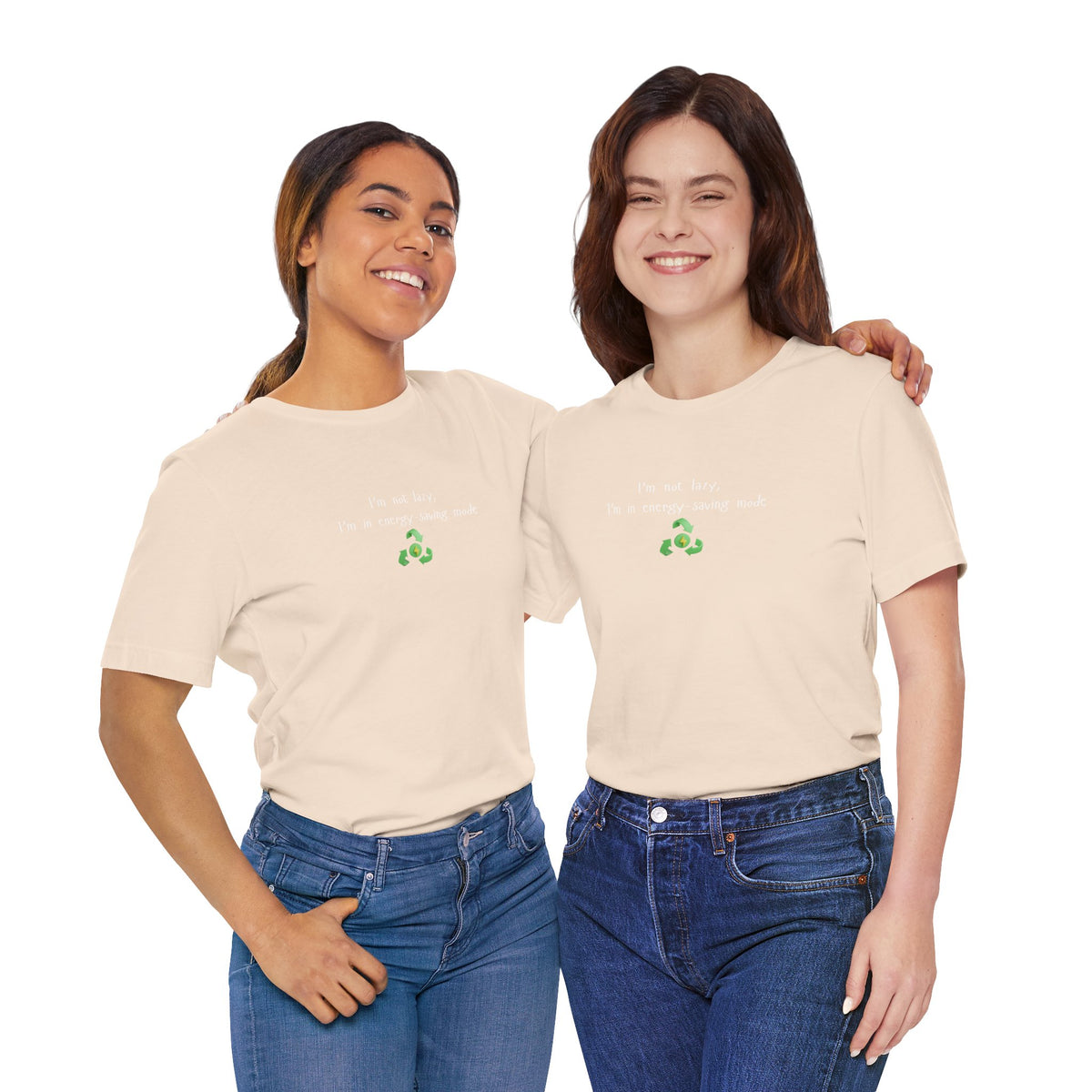 Green eco humor T-shirt featuring the phrase "I’m Not Lazy, I’m an Energy-Saving Mock" from Printify.