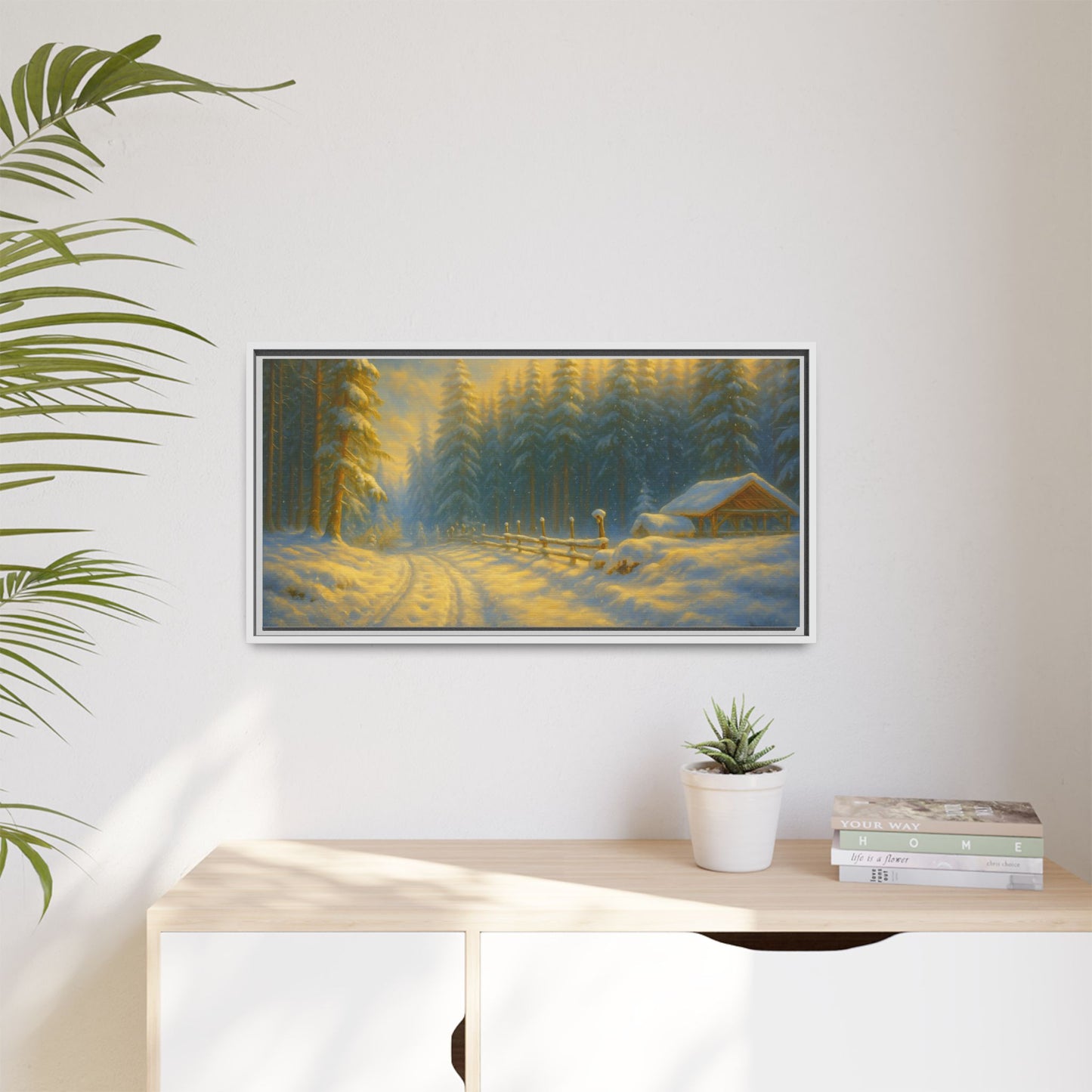 Framed winter cabin canvas print featuring a snowy forest sunset, wall art by Printify showcasing cozy mountain scenery.