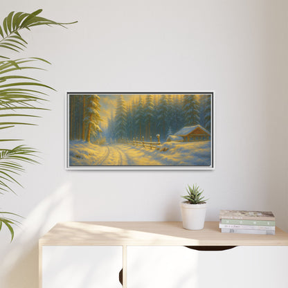 Framed winter cabin canvas print featuring a snowy forest sunset, wall art by Printify showcasing cozy mountain scenery.