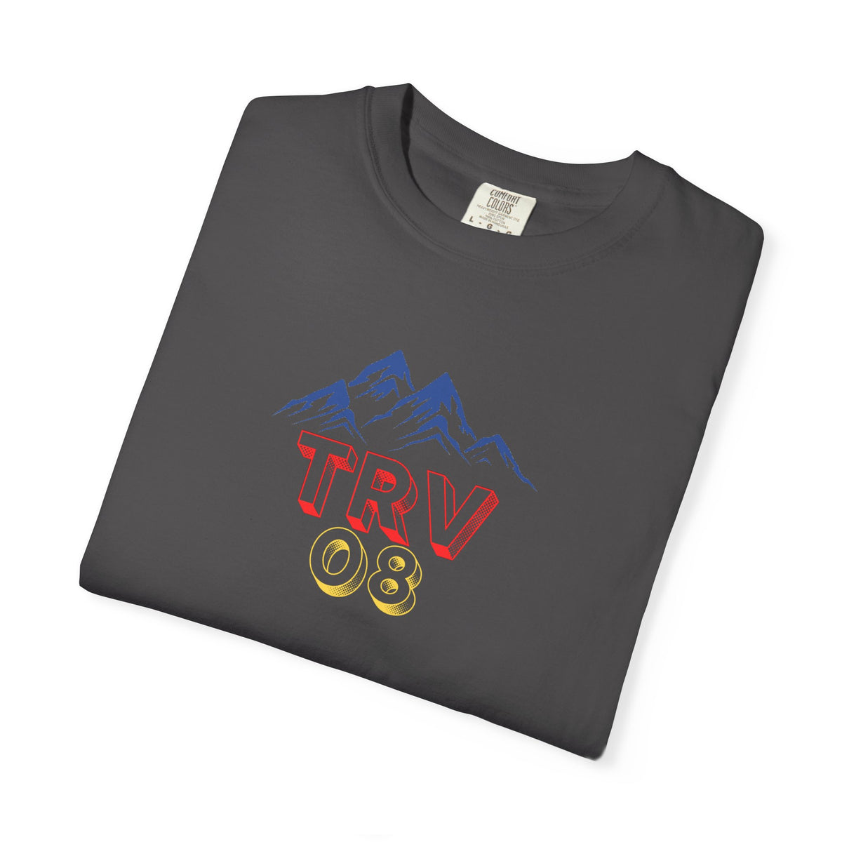 Unisex garment-dyed T-shirt with the TRV08 logo, featuring a casual fit and soft fabric from Printify.