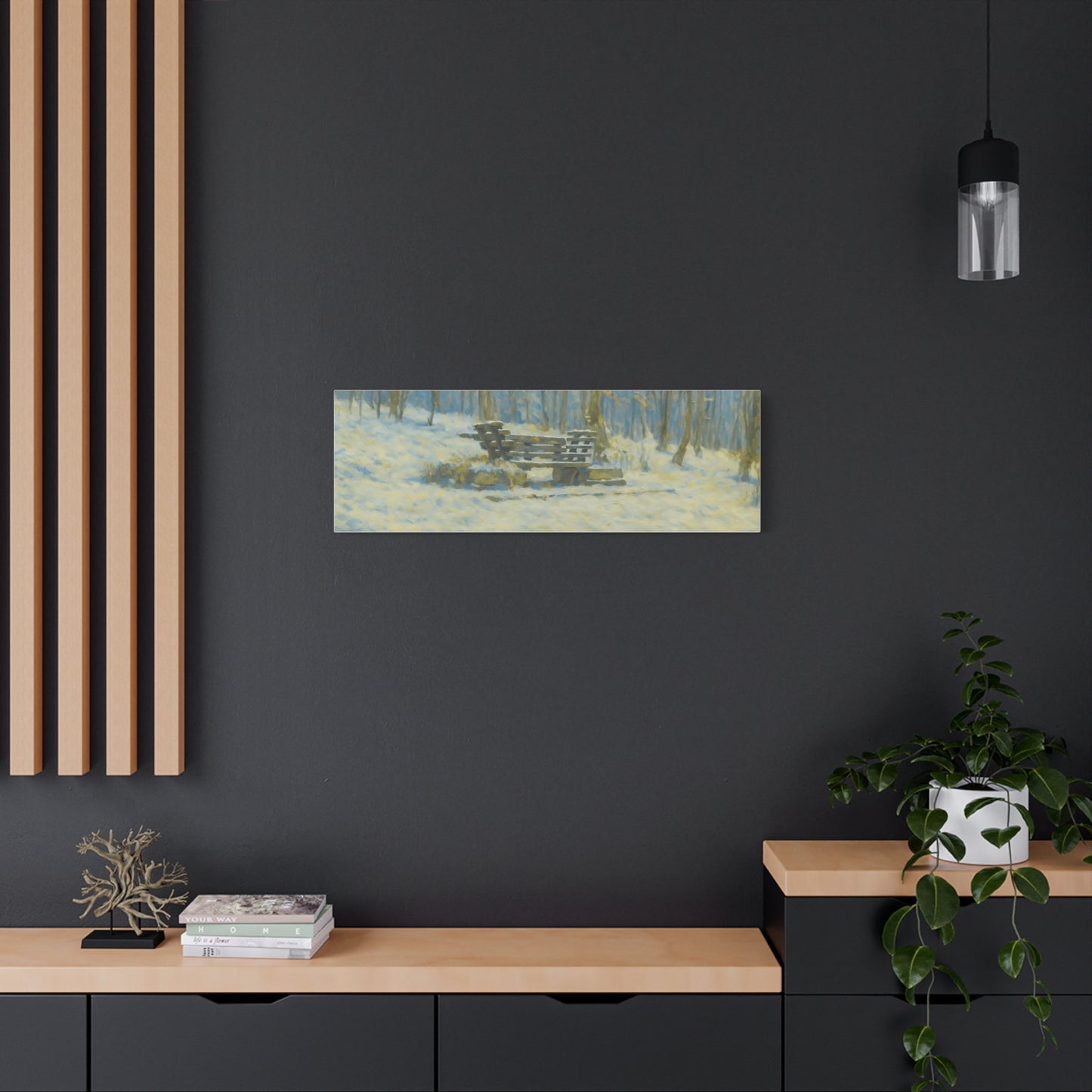 Snowy park bench canvas print by Printify featuring winter woodland scene, stretched 1.25-inch matte canvas wall art.