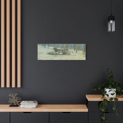 Snowy park bench canvas print by Printify featuring winter woodland scene, stretched 1.25-inch matte canvas wall art.