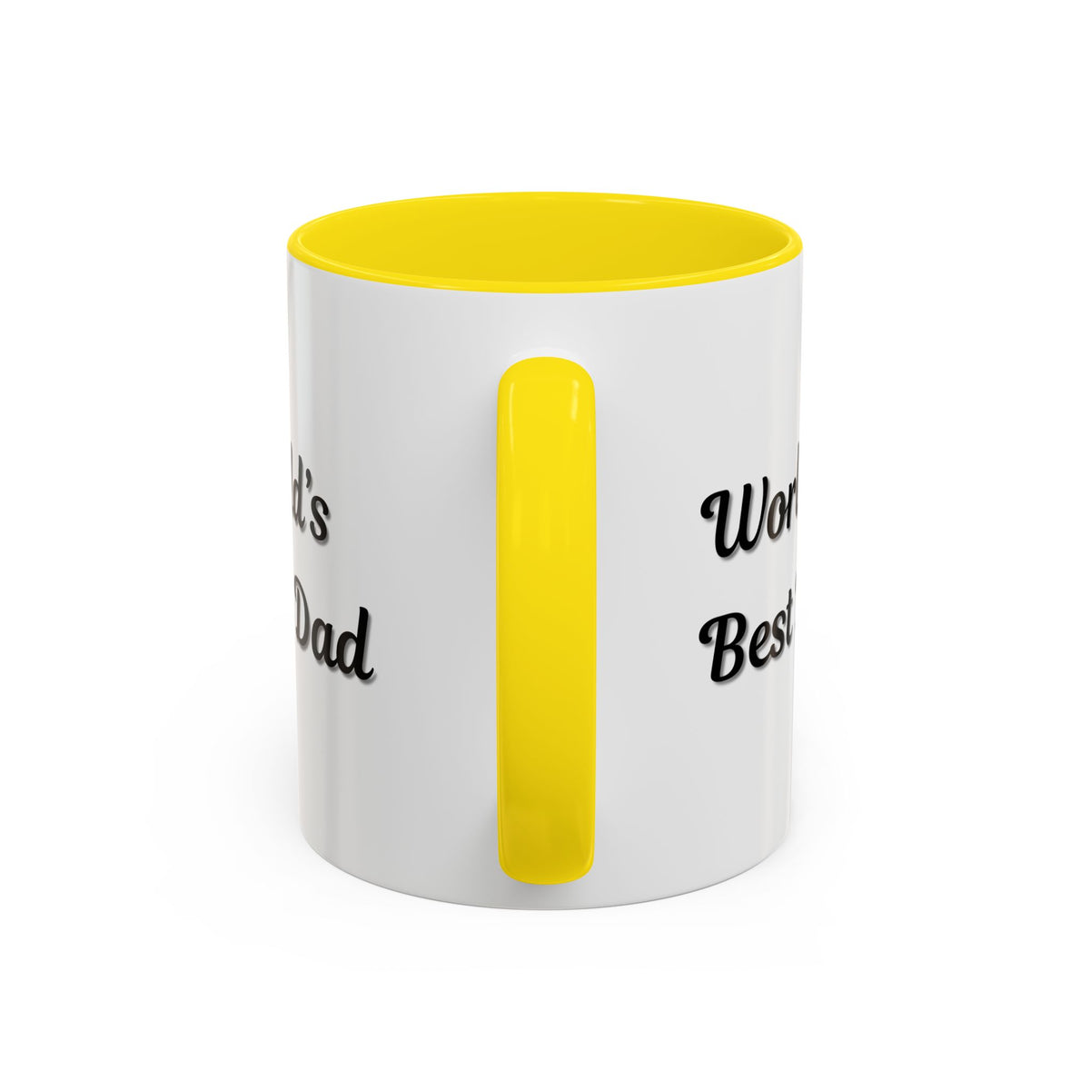 Black trim coffee mug with "World's Best Dad" accent text, available in 11oz and 15oz sizes, by Printify.