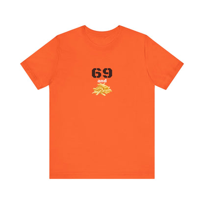 Unisex Funny 69 and French Fries graphic T-shirt by Printify, featuring a playful design with bold text and colorful fries.