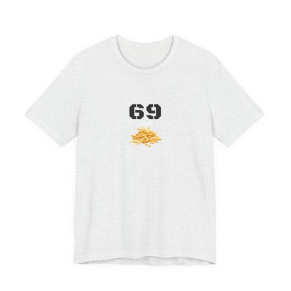 Unisex graphic T-shirt featuring a humorous 69 and French fries design, casual style by Printify.