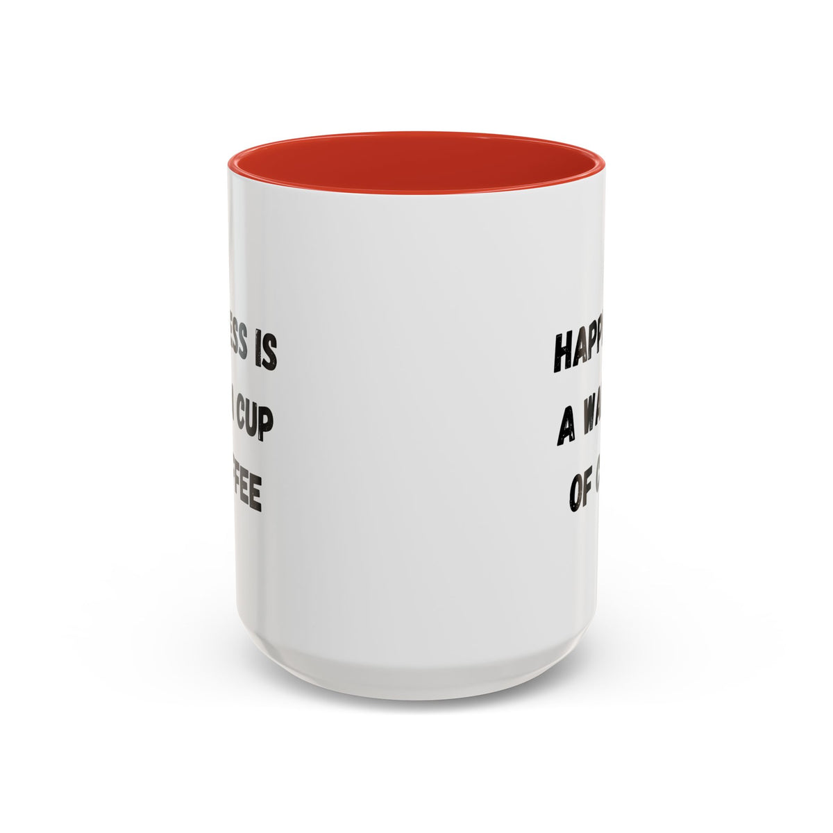 Ceramic coffee mug with the phrase “Happiness Is A Warm Cup Of Coffee” printed on it, designed by Printify.