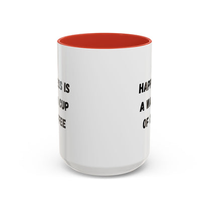 Ceramic coffee mug with the phrase “Happiness Is A Warm Cup Of Coffee” printed on it, designed by Printify.