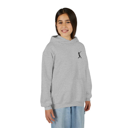 Kids youth baseball silhouette hoodie by Printify featuring a baseball player graphic on a comfortable pullover sweatshirt.