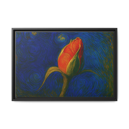 Red rose bud painting on canvas framed wall art by Printify, featuring a vibrant matte floral design.