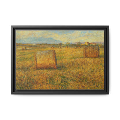 Framed matte canvas wall art featuring a rustic hayfield landscape print by Printify for home decor.