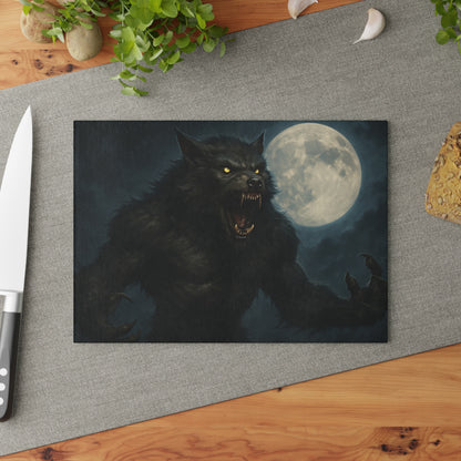 Glass Cutting Board — Howling Werewolf Moon Night Illustration