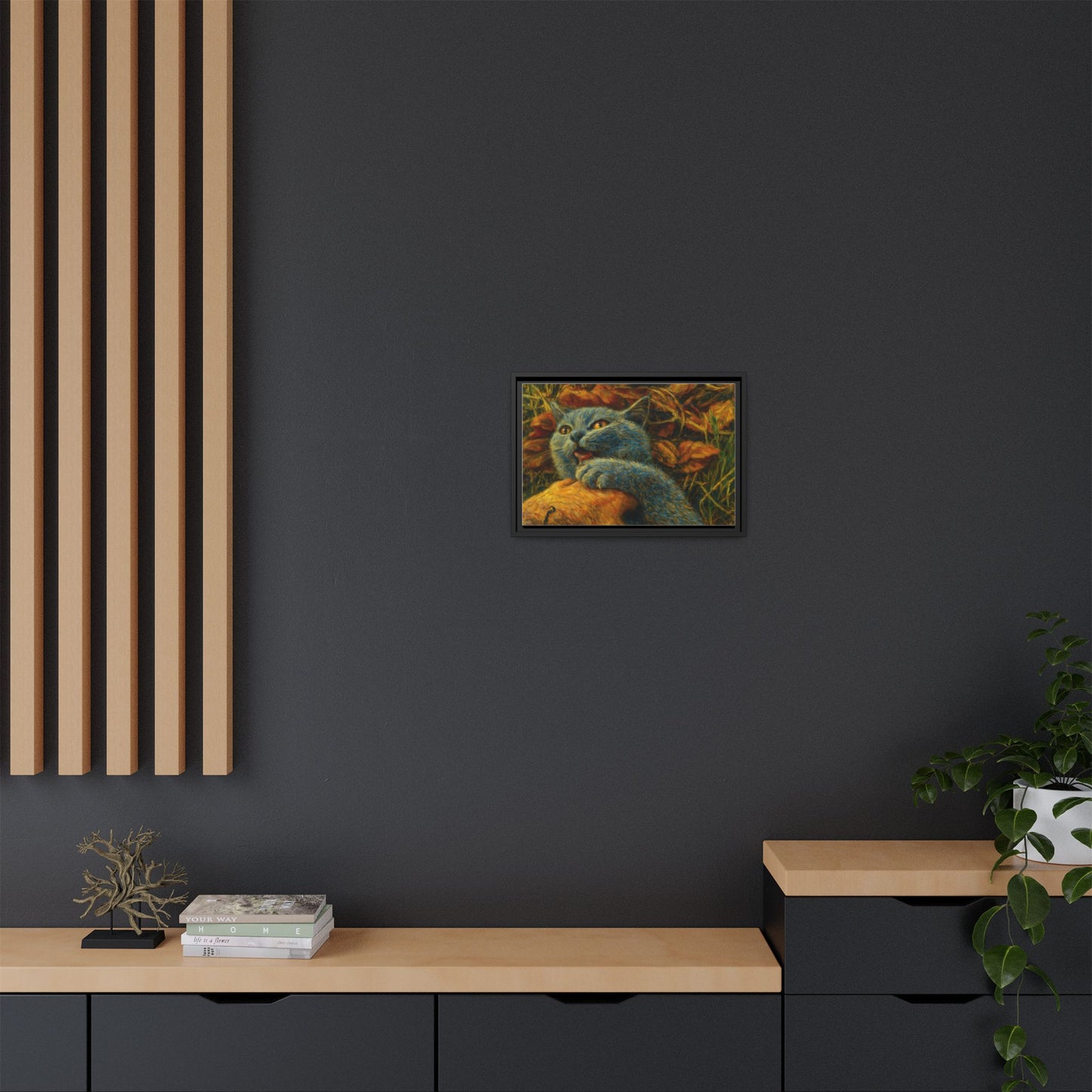 Blue cat canvas print featuring whimsical wall art, perfect gift for cat lovers, printed on high-quality canvas by Printify.