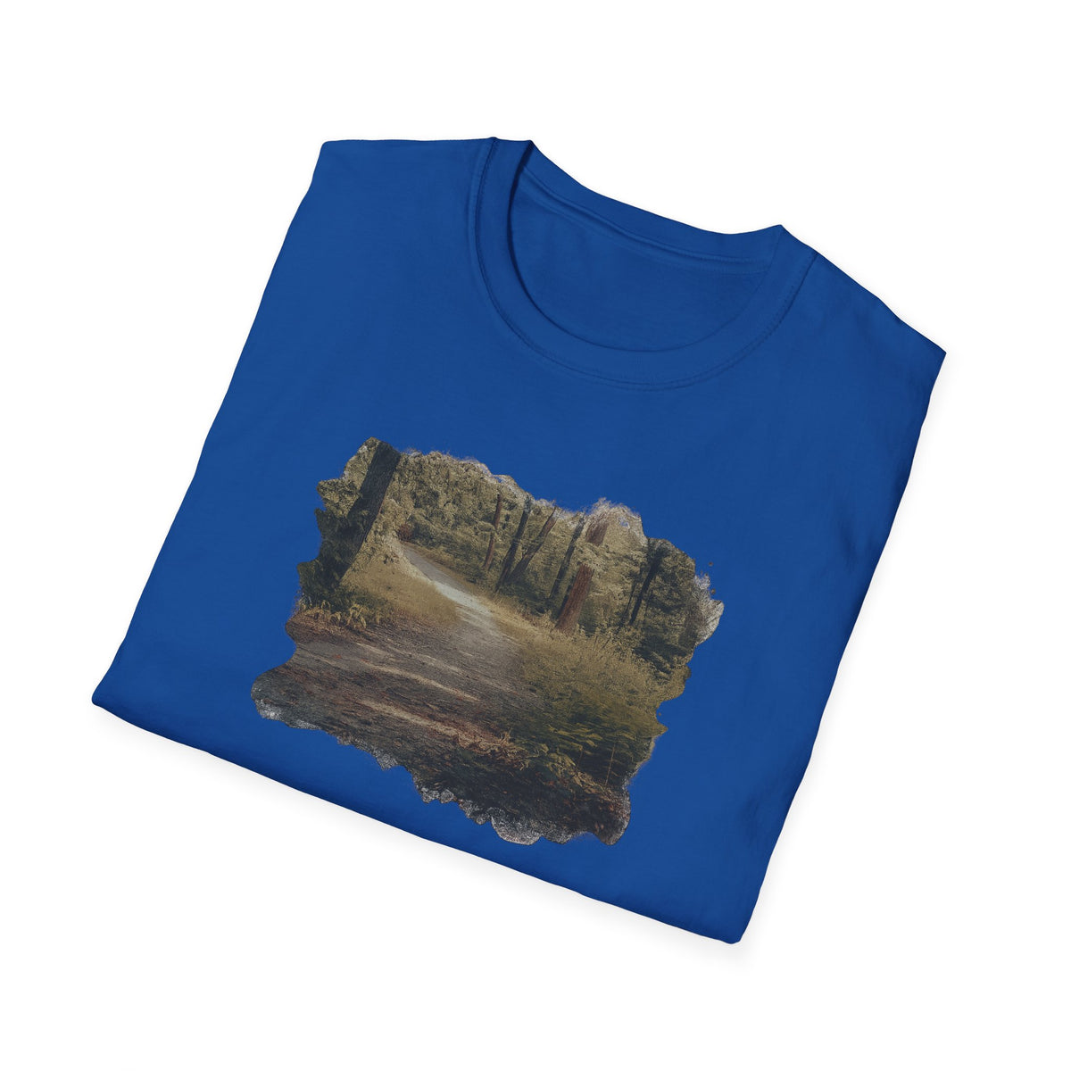 Vintage forest landscape T-shirt by Printify featuring a nature pathway design on a cotton tee.