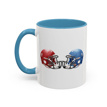 Football Helmet Coffee Mug — Red vs Blue Rivalry Accent Mug (11/15oz)