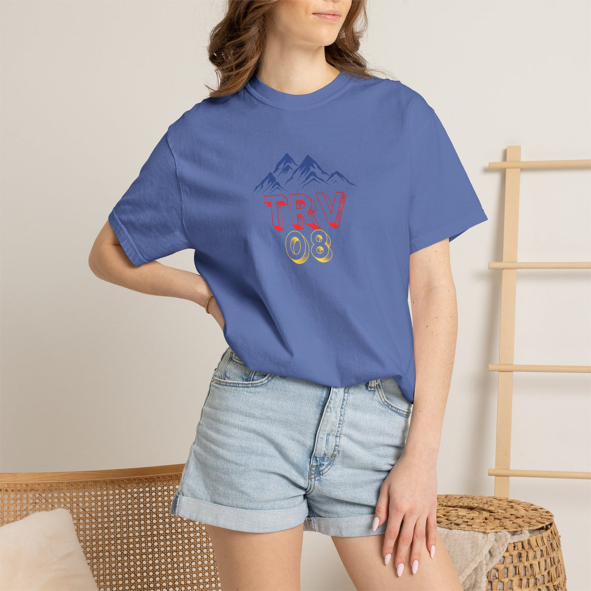 Unisex garment-dyed T-shirt with TRV08 Logo from Printify, shown in natural fabric with logo print on the front.