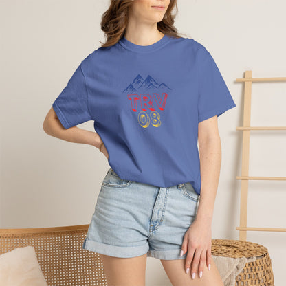 Unisex garment-dyed T-shirt with TRV08 Logo from Printify, shown in natural fabric with logo print on the front.