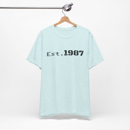 Vintage Est. 1987 T-Shirt by Printify featuring a classic born 1987 design on comfortable fabric.