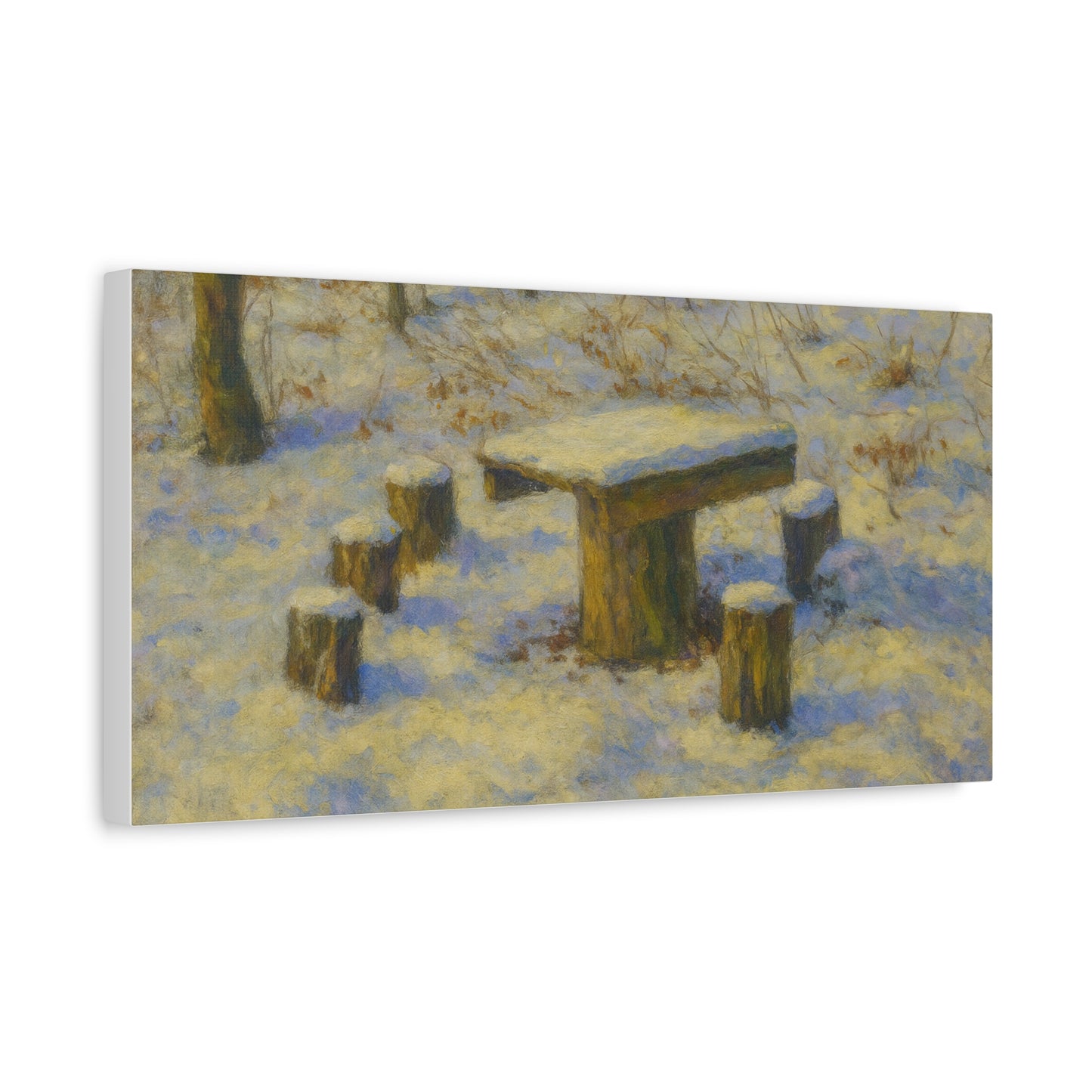 Winter landscape canvas wall art featuring a snowy forest scene, matte stretched print by Printify for winter home decor.