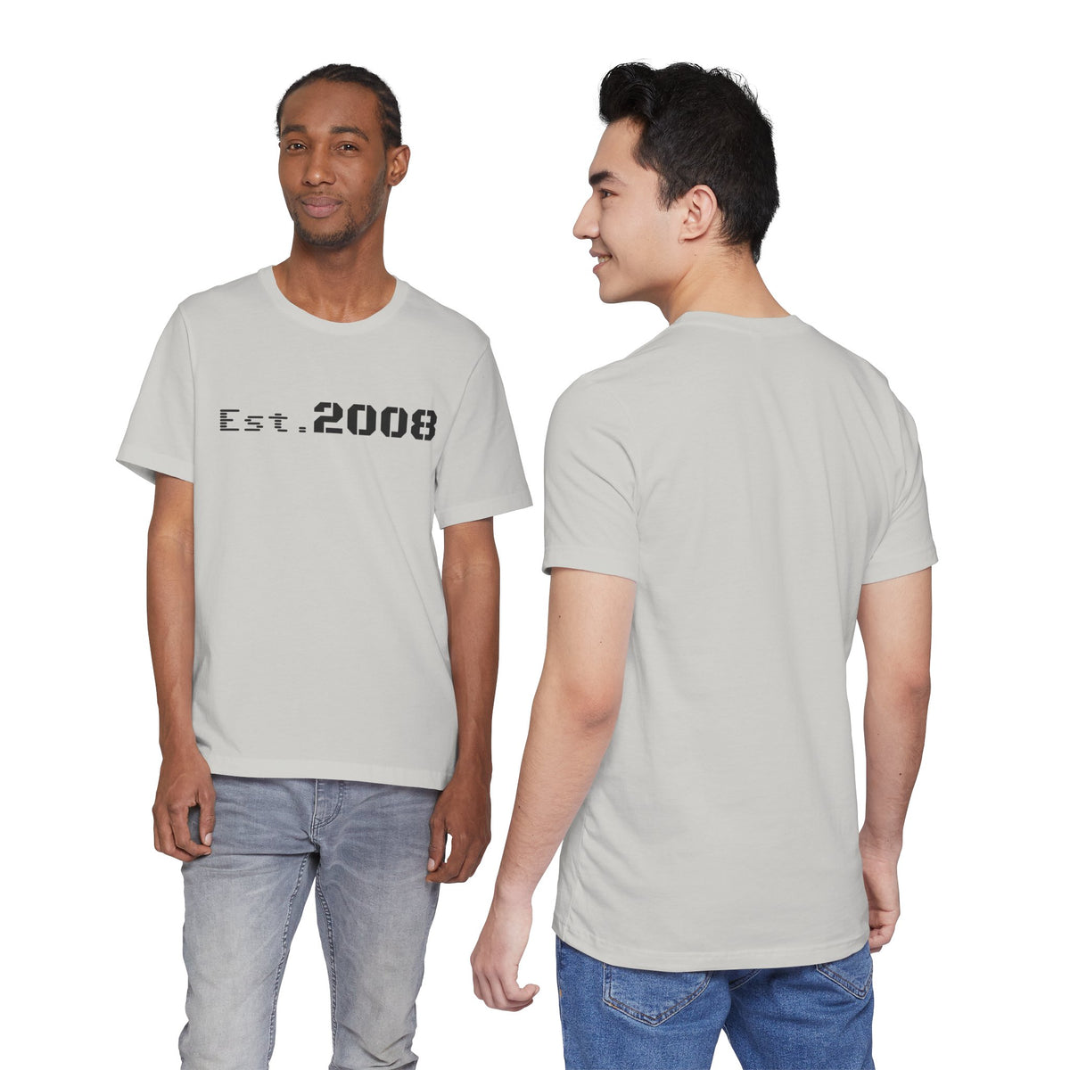 Black graphic T-shirt by Printify featuring "Established 2008" text in minimal design on the front.