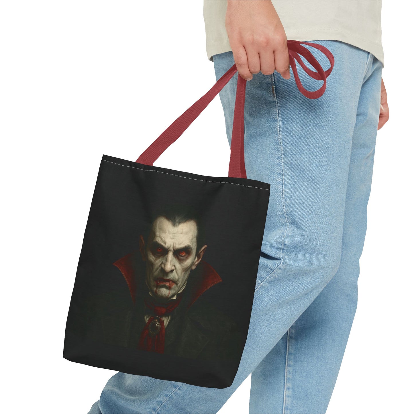 Black vampire-themed tote bag with spooky gothic design, perfect as a Halloween accessory, by Printify.