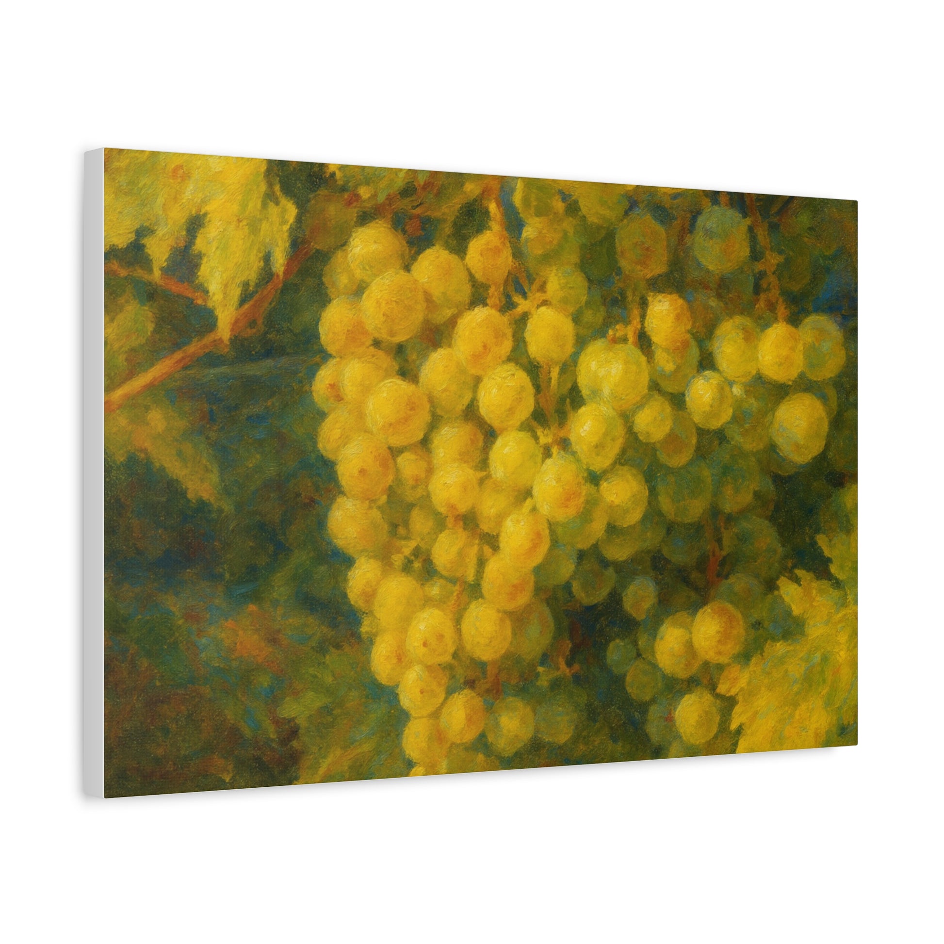 Yellow grape cluster canvas print by Printify showing a vibrant bunch of grapes on a textured canvas surface.