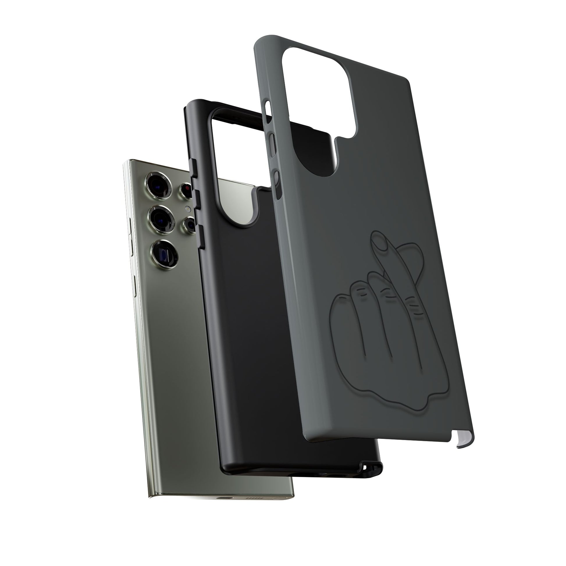 Silicone phone case with embossed Korean finger heart design, compatible with smartphones, by Printify.