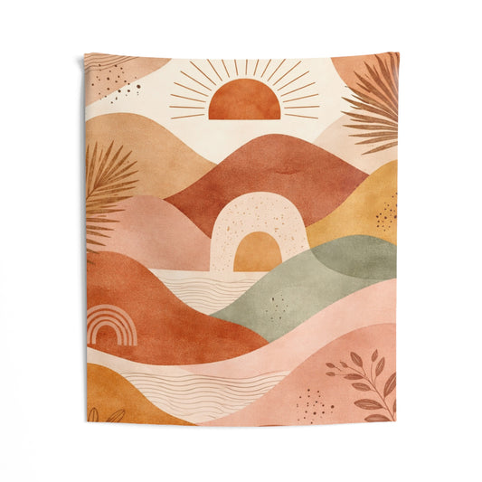 Boho Sunset Wall Tapestry featuring an abstract earth-tone landscape design, perfect for bohemian home décor.