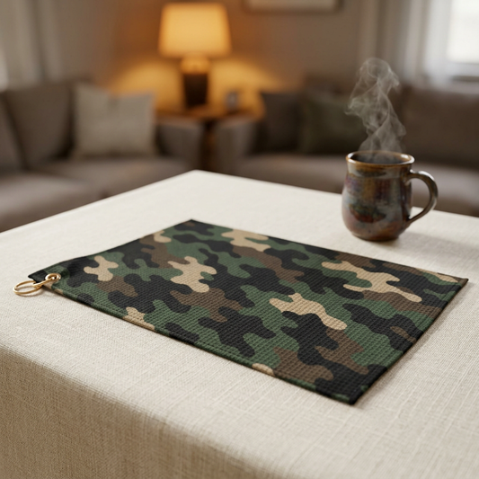 Printify camo and classic golf towels featuring camouflage and traditional designs, ideal for golfers on the course.