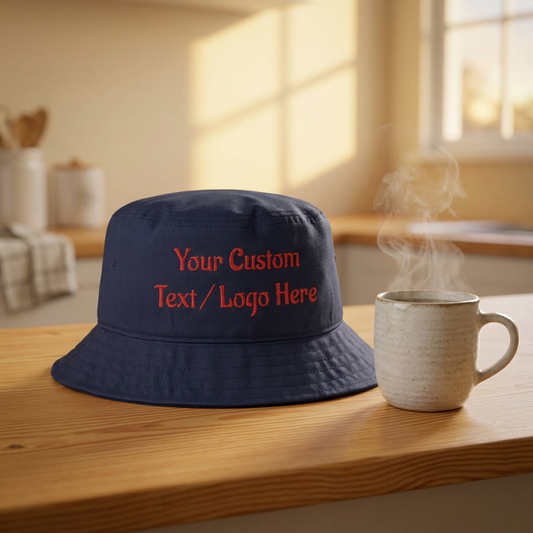 Embroidered custom text bucket hat by Printify, personalized chic sun hat with colorful embroidery, perfect for stylish sun protection.