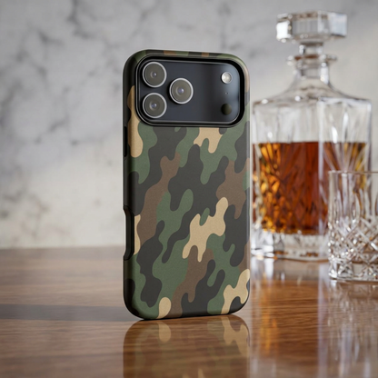 Camouflage tough phone case with rugged camo pattern, protective design, for durable iPhone or smartphone from Printify.