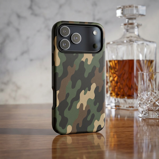 Camouflage tough phone case with rugged camo pattern, protective design, for durable iPhone or smartphone from Printify.