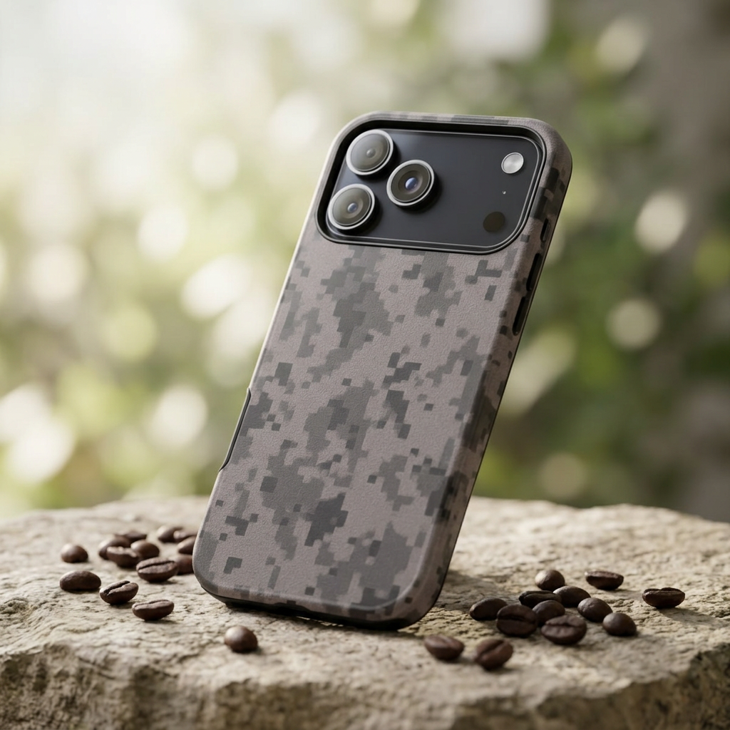 Gray digital camo phone case by Printify, tough protective cover designed for smartphones with camouflage pattern.