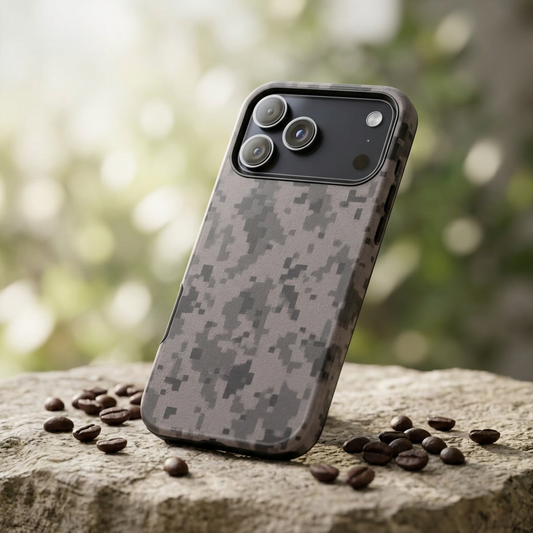 Gray digital camo phone case by Printify, tough protective cover designed for smartphones with camouflage pattern.