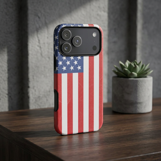 American flag tough phone case by Printify, patriotic iPhone and Samsung protective cover with bold flag design.