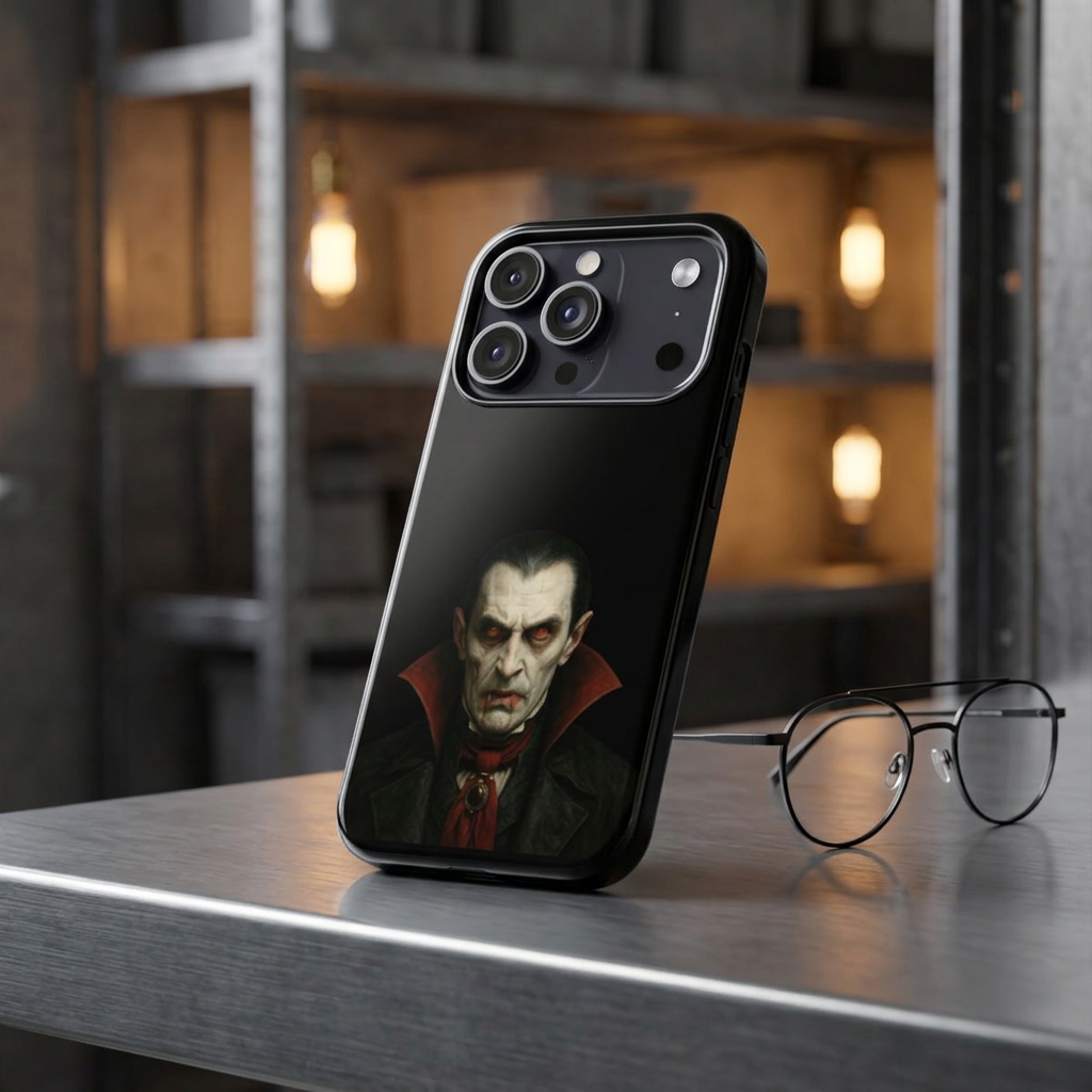 Gothic vampire portrait phone case for iPhone, featuring a Dracula horror design on a Printify phone cover.