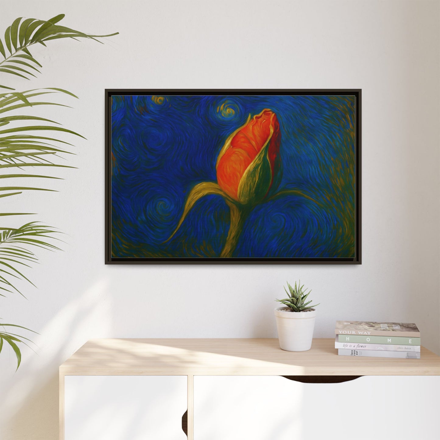 Red rose bud painting on framed canvas wall art by Printify, featuring vibrant floral artwork in a matte finish.